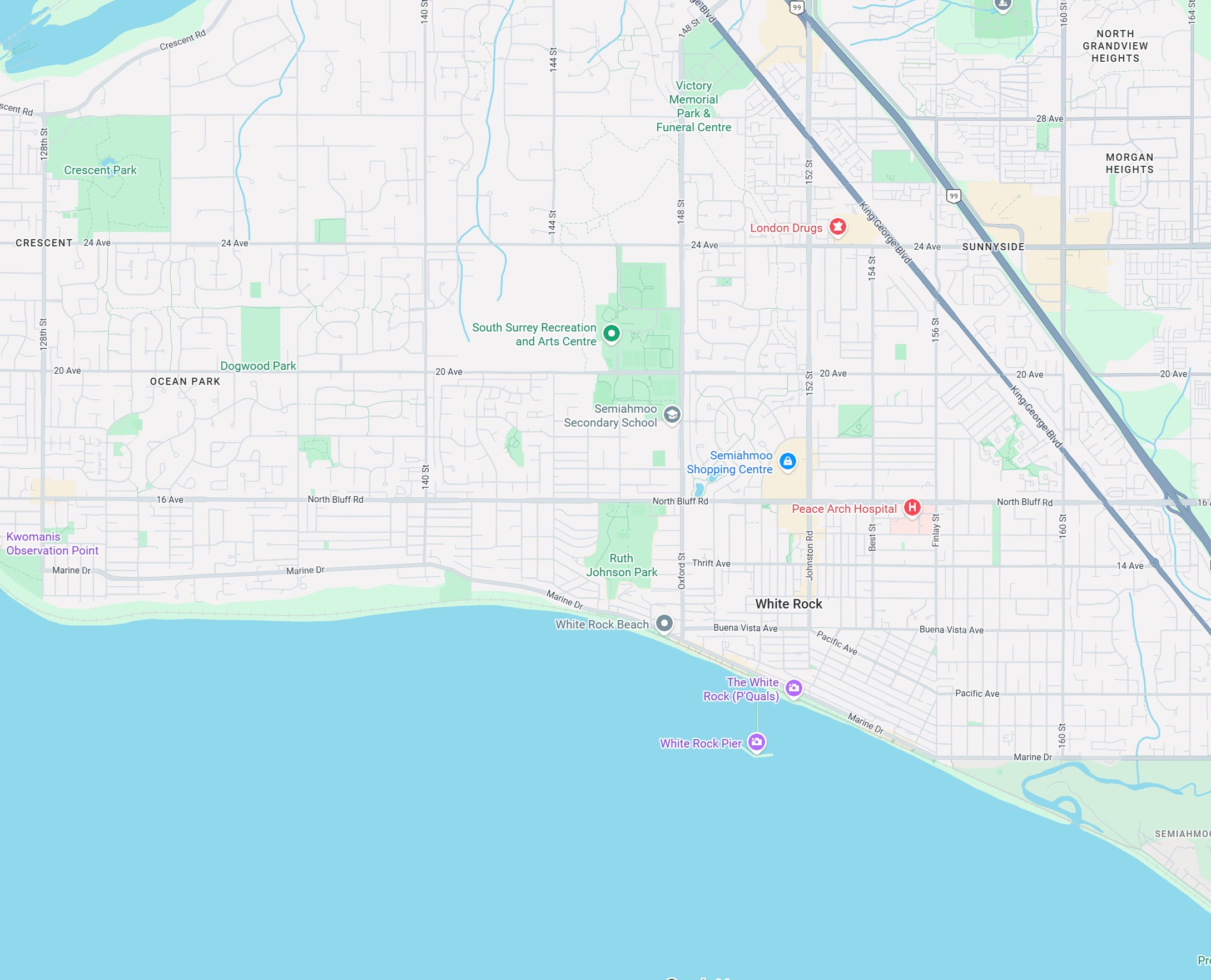 Map highlighting the White Rock and South Surrey area near Embodiment of Ink