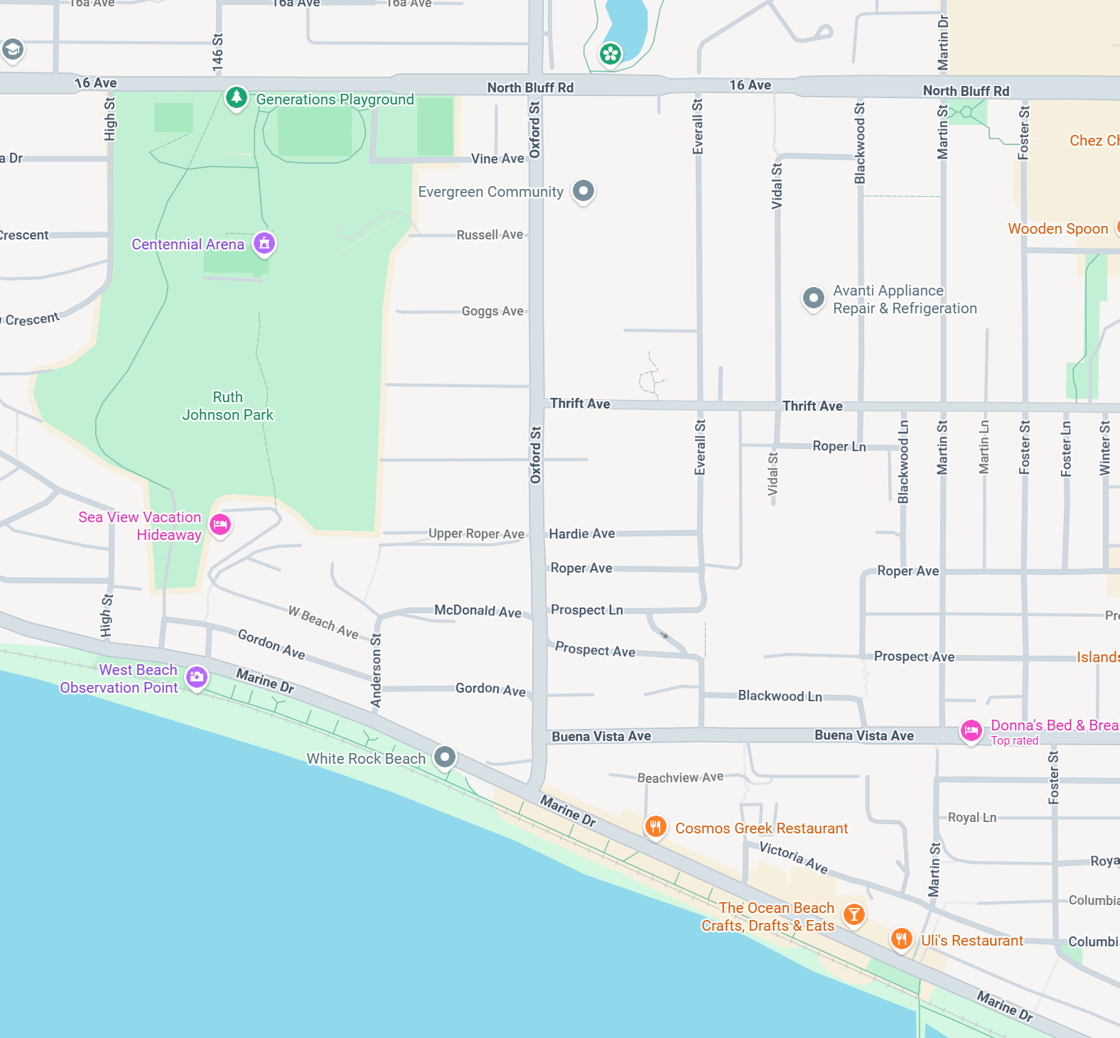 Map highlighting the White Rock and South Surrey area near Embodiment of Ink
